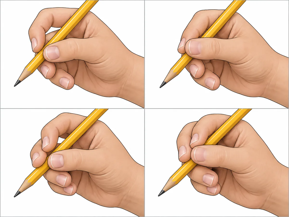 Four drawings of a right hand holding a pencil. Top left, dynamic tripod: thumb and index finger pinch the pencil with an open space between them, pencil resting on the middle finger. Top right, lateral tripod: the thumb lies across the side of the index finger. Bottom left, dynamic quadrupod: index and middle fingers both on top of the pencil, open space by the thumb. Bottom right, lateral quadrupod: two fingers on top with the thumb across the index finger.